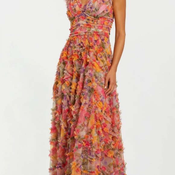 Mac Duggal  Multicolor Floral V-neck Ruffle Maxi Dress   Size 4 - Picture 4 of 9